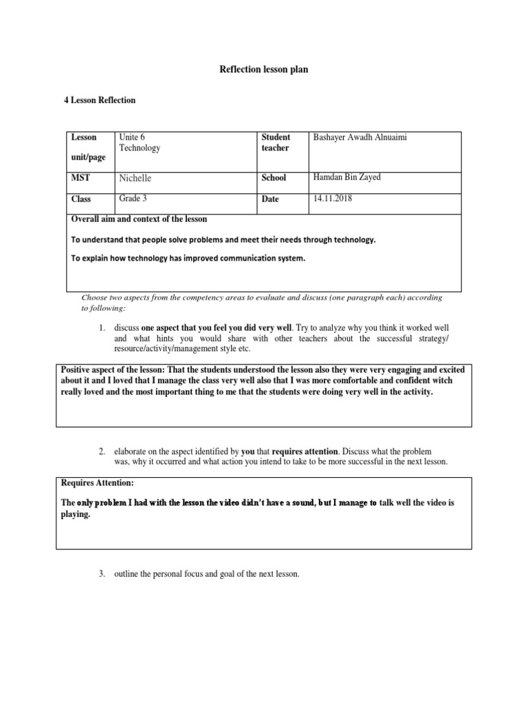Reflection Lesson Plan 4 | PDF