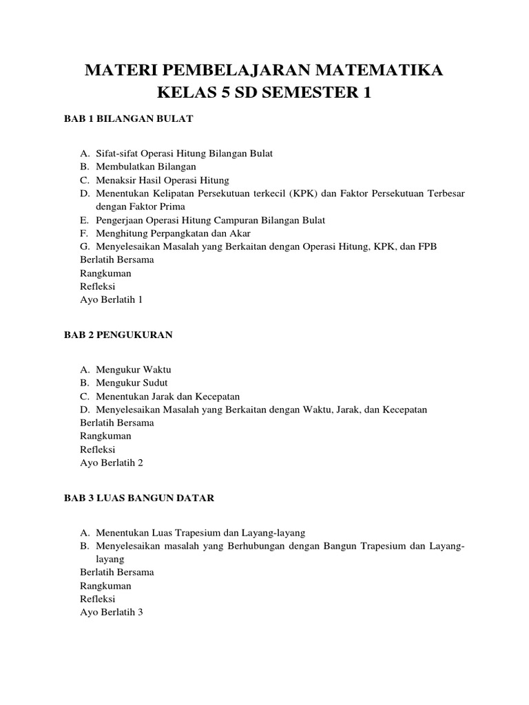 Materi Pembelajaran Matematika Kelas 5 SD Semester 1 PDF