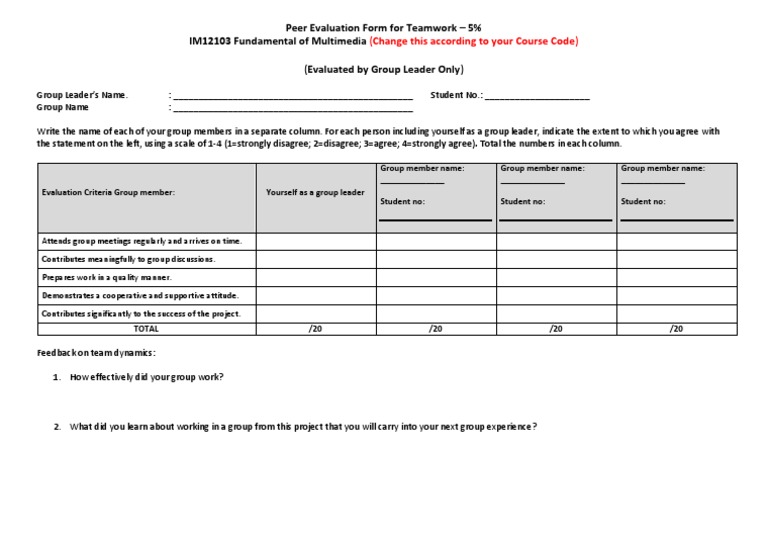 Peer Evaluation Form For Teamwork | PDF