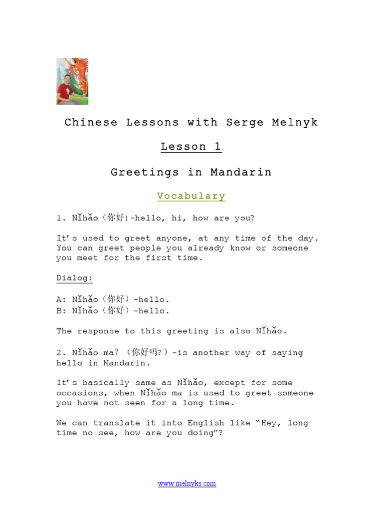 Mandarin Greetings Vocabulary Guide | PDF | Tone (Linguistics ...