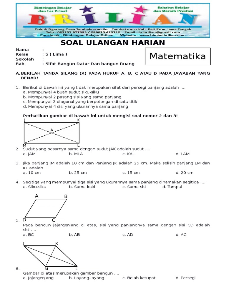 Soal Matematika Kelas 5 Sd Bab 7 Sifat Bangun Datar Dan Bangun Ruang Dan Kunci Jawaban