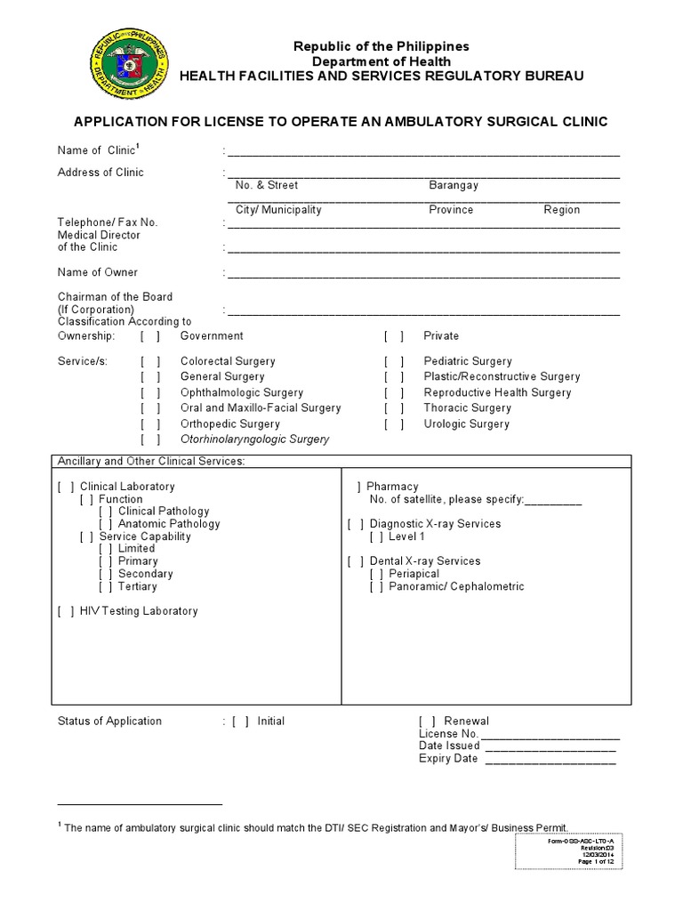 DOH License Application for ASC | PDF | Pathology | Radiology