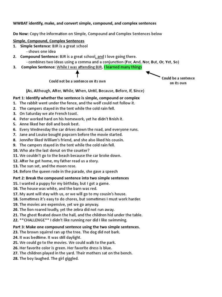 Simple, Compound, Complex Sentences Worksheet | Leisure