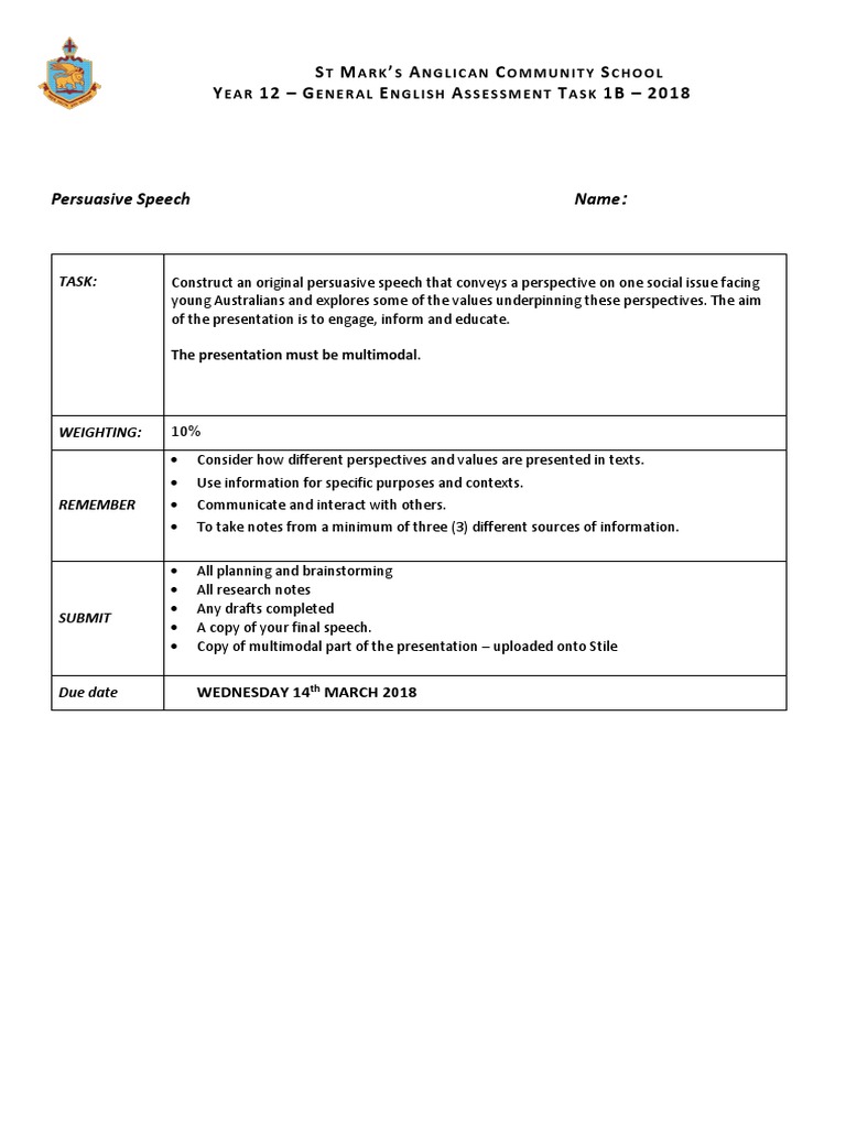 Year 12 Persuasive Speech Guidelines | PDF | Body Language | Communication