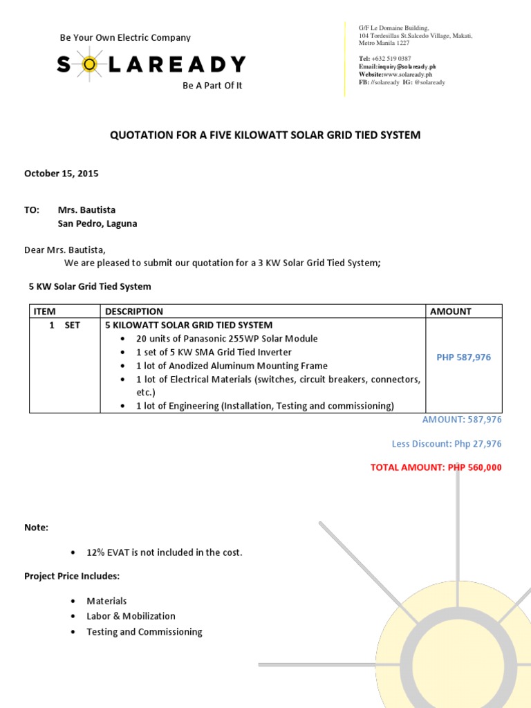 Quotation For A Five Kilowatt Solar Grid Tied System