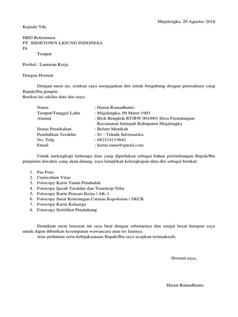 Surat Lamaran Kerja Ke Pt Letters For You