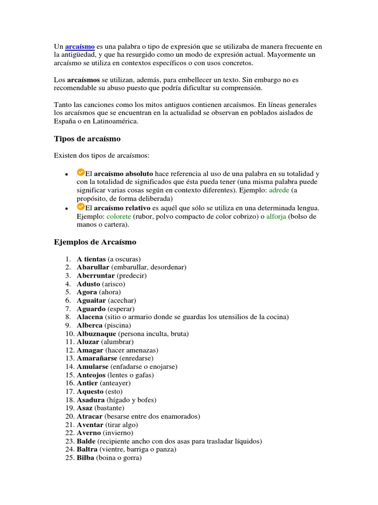 Ejemplos y tipos de arcaísmos | PDF | Morfología Lingüística | Unidades ...