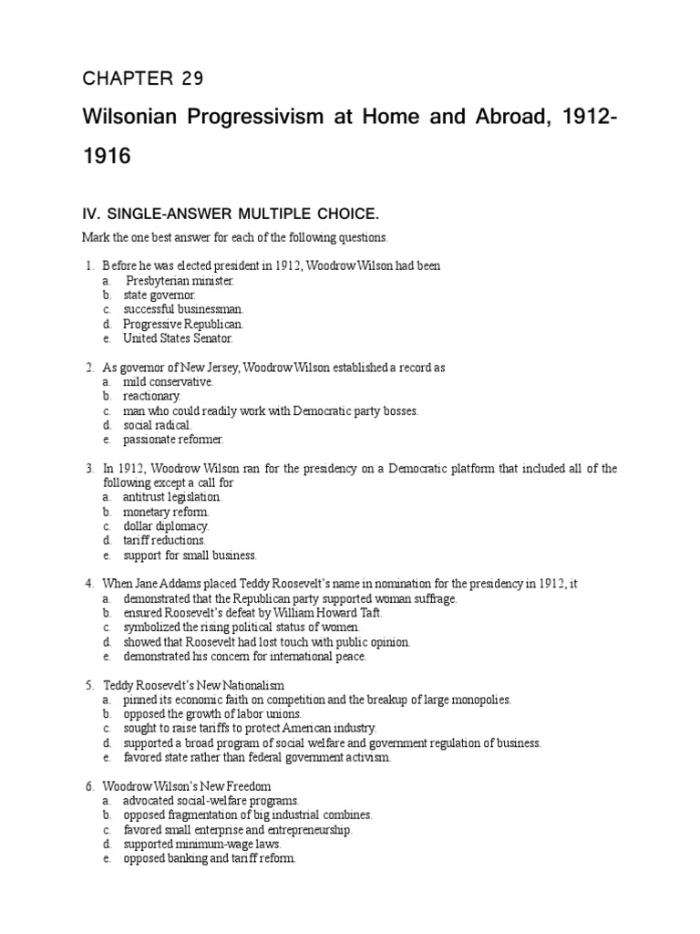 06 Quizzes CH 29 PDF Woodrow Wilson Theodore Roosevelt