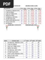 1 Normal Press-Ups 2 Crunchies 3 Squat Thrusts 4 Bench Dips 5 Normal Sit-Ups 6 Jump Squats 7 Decline Press-Ups 8 Half Sit-Ups 9 Burpees