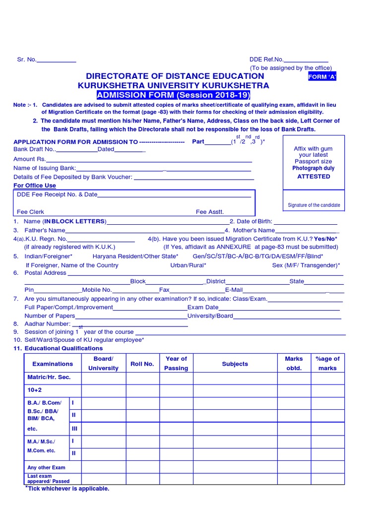 Distance Education Admission Form | PDF