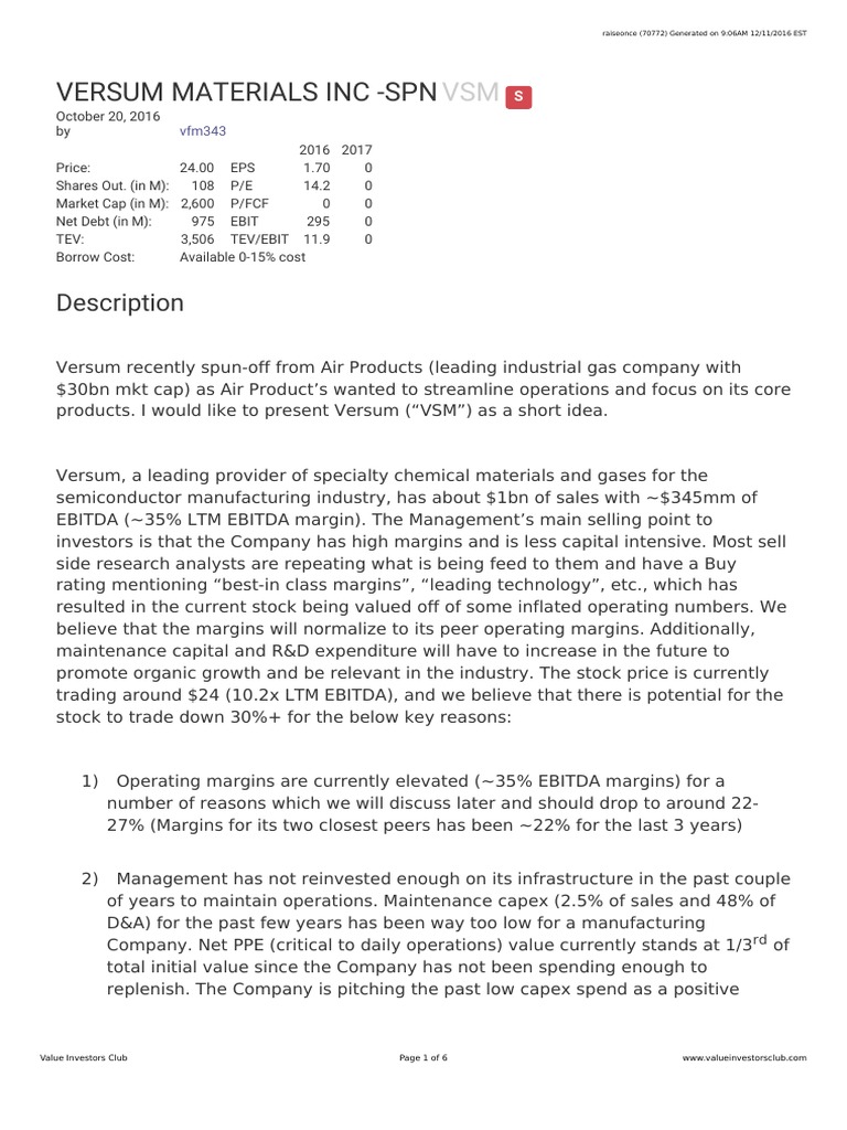 Versum Materials Inc SPN Description PDF Mergers And