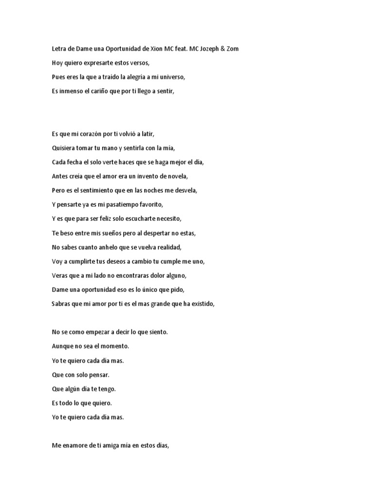 Letra de Dame Una Oportunidad de Xion MC Feat | PDF, image size:768x1024