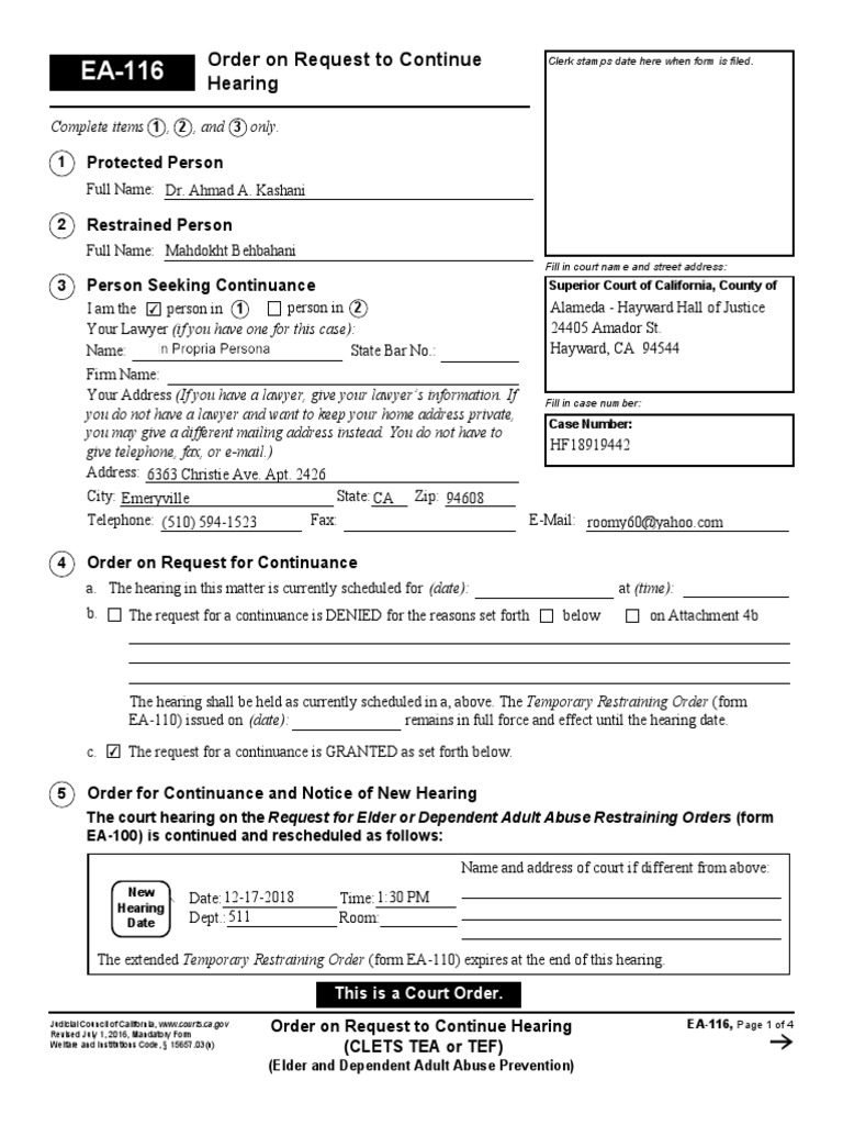2018 11 26 Kashani V Behbahani Elder Abuse Restraining Order File 77pg