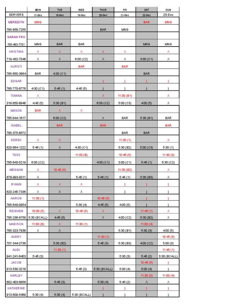 Weekly Server and Host Schedule | PDF