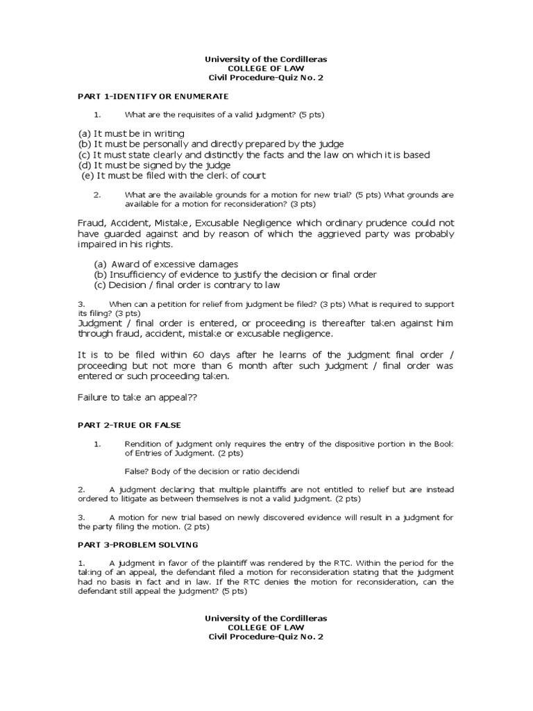 University of The Cordilleras College of Law Civil ProcedureQuiz No. 2 Part 1Identify or