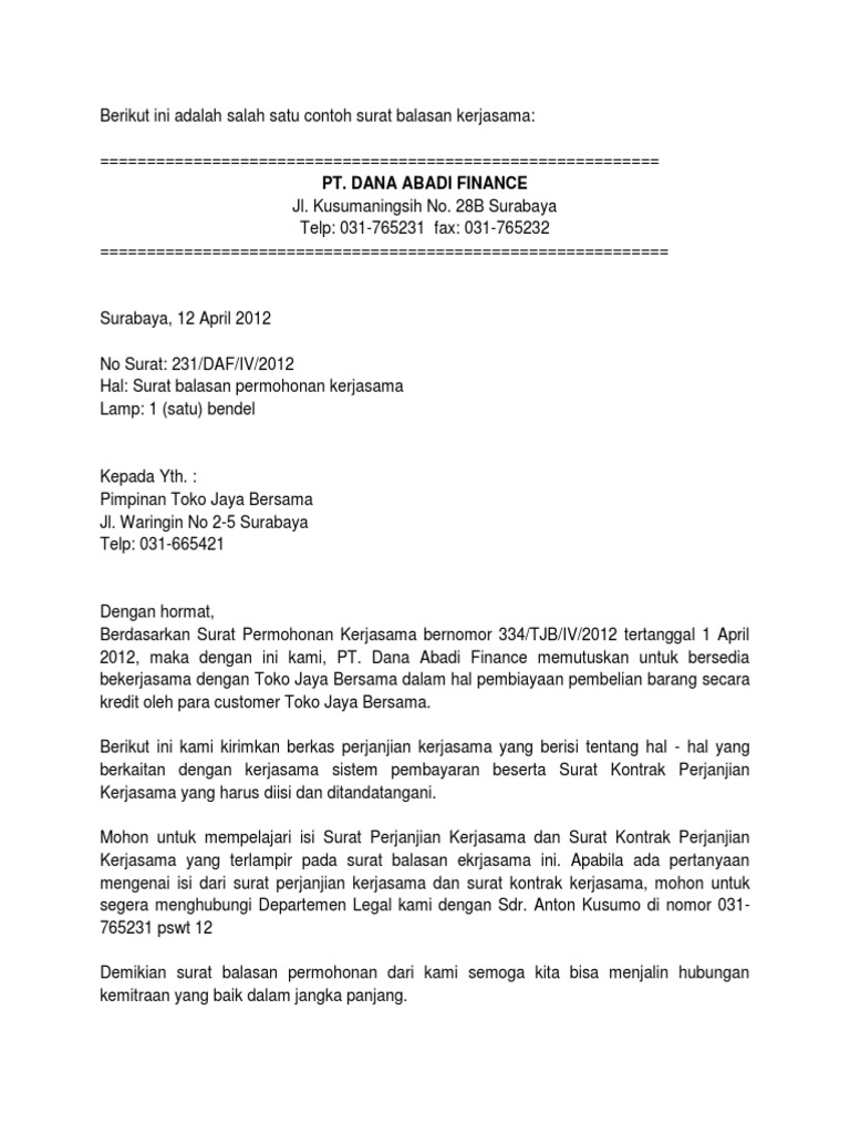 Berikut Ini Adalah Salah Satu Contoh Surat Balasan Kerjasama