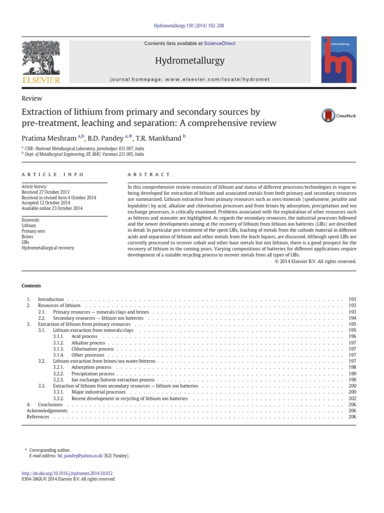 Extraction of Lithium From Primary and Secondary Sources by