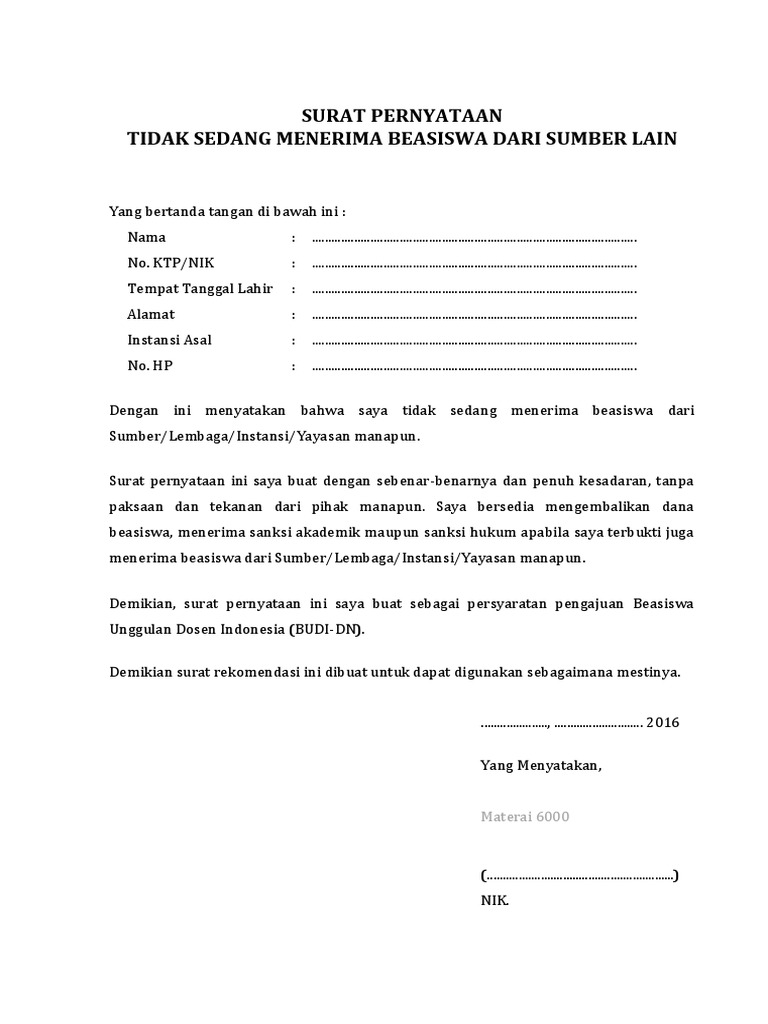 Contoh Surat Tidak Menerima Beasiswa Dari Pihak Lain 