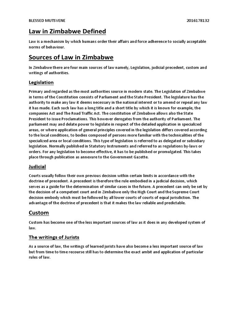 Law in Zimbabwe Defined | PDF | Precedent | Sources Of Law