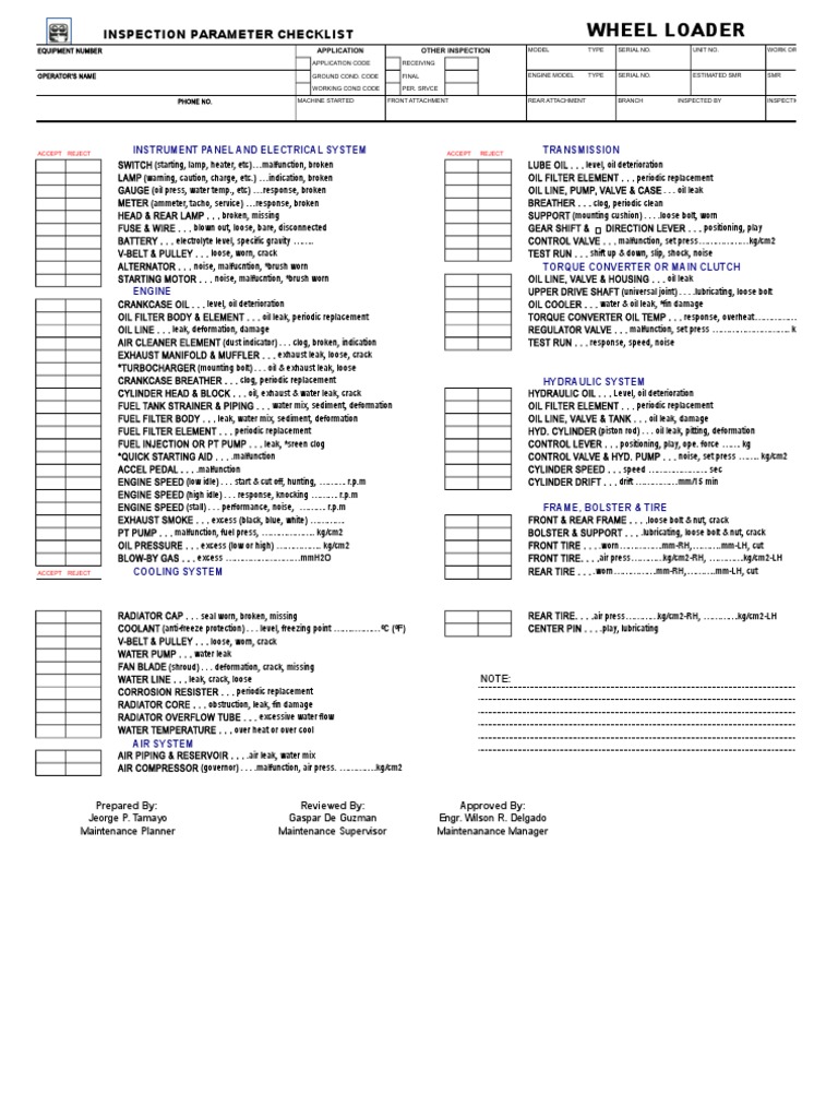 Wheel Loader Inspection Parameter Checklist PDF Transmission (Mechanics) Propulsion
