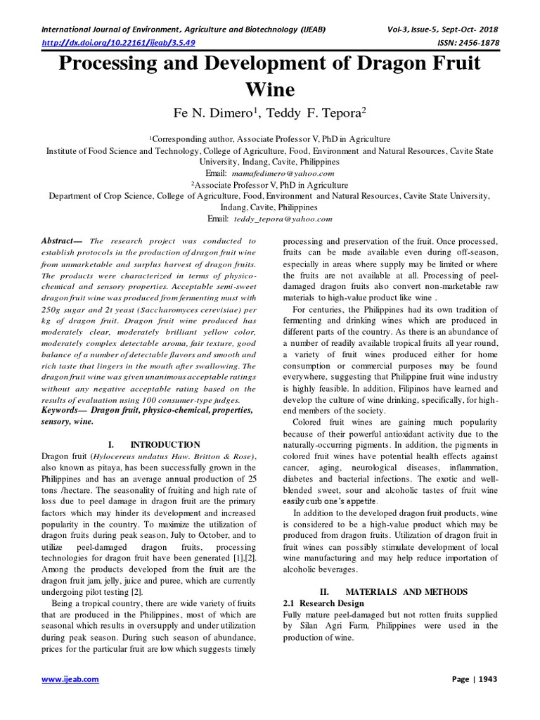 Processing and Development of Dragon Fruit Wine PDF Wine Yeast