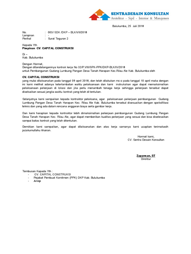 Contoh Surat Peringatan Kepada Kontraktor