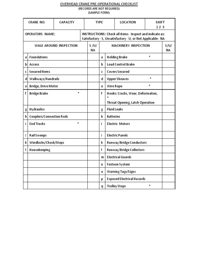 Overhead Crane Pre-Use Inspection Guide | PDF | Brake | Crane (Machine)