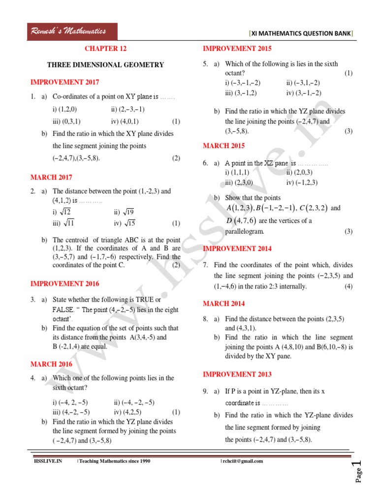 XI Math 3D Geometry Question Bank | PDF | Triangle | Line (Geometry)