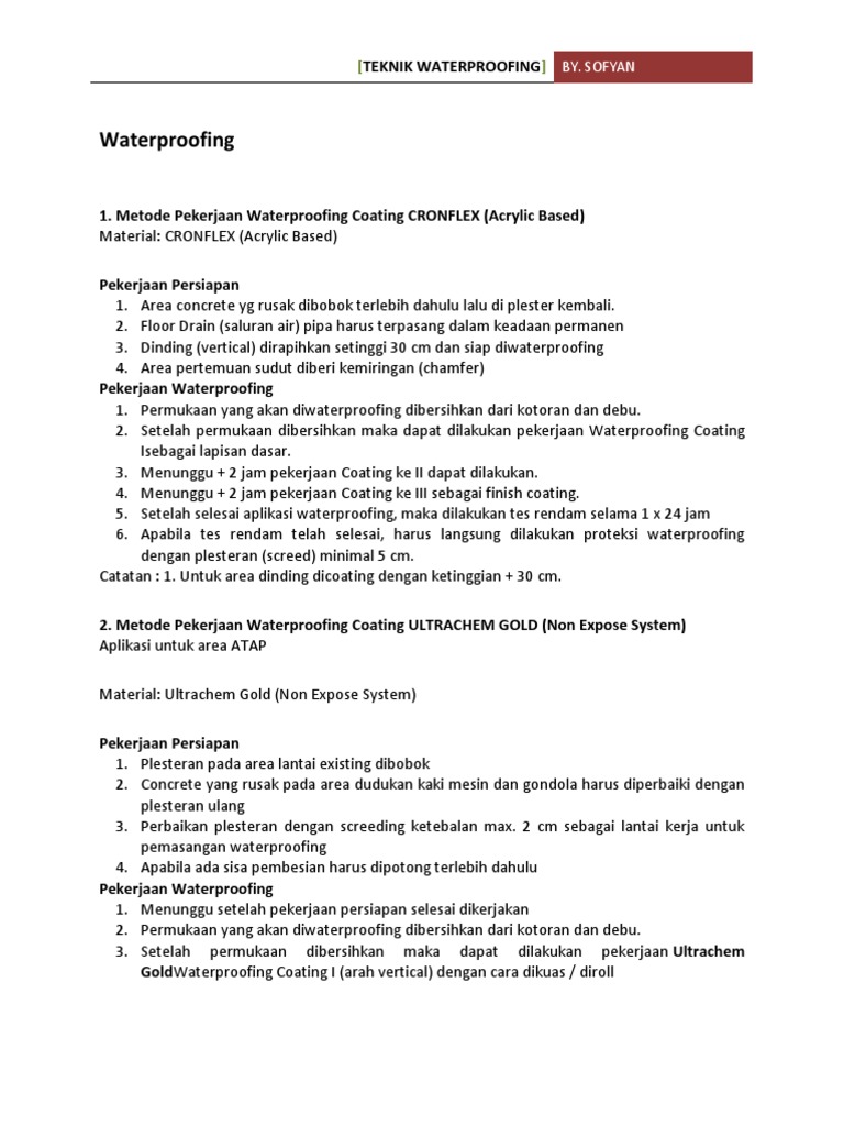 Metode Pekerjaan Waterproofing Coating | PDF