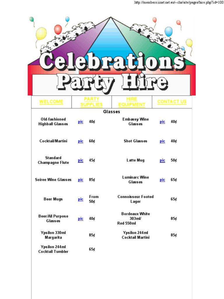 Party Supplies Hire Equipment Contact Us Glasses PDF