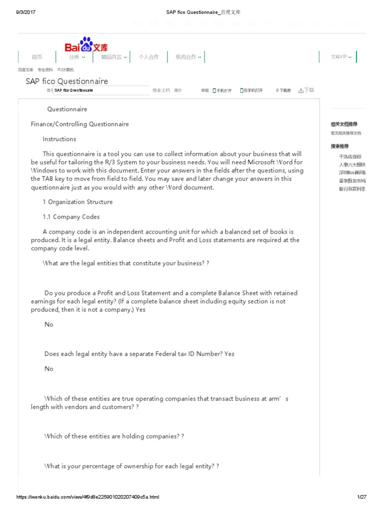 SAP Fico Questionnaire PDF | PDF | Payments | Invoice