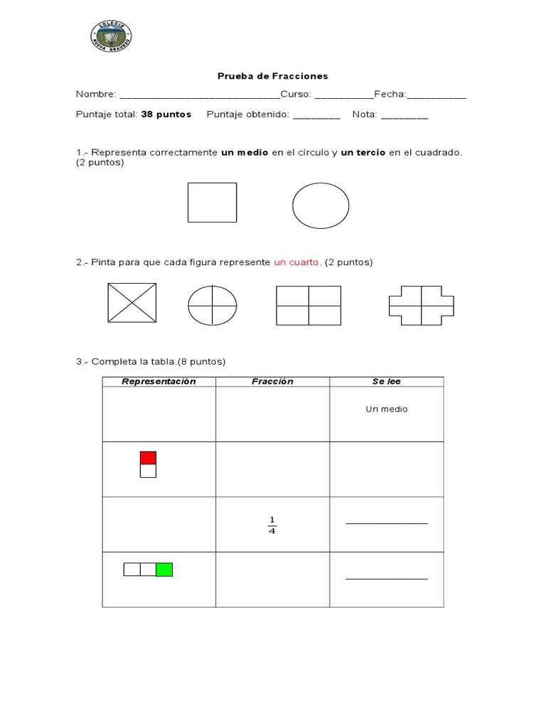 Prueba de Fracciones para Primaria | PDF | Hogar, jardinería y bricolaje