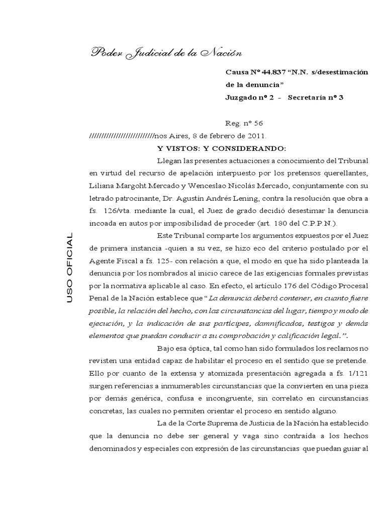 Reg. 56 Causa 44.837 N.N. S Desestimación de La Denuncia PDF Caso de ley Ley Pública