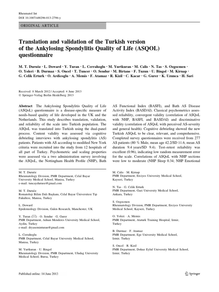 Translation and Validation of The Turkish Version of The Ankylosing ...