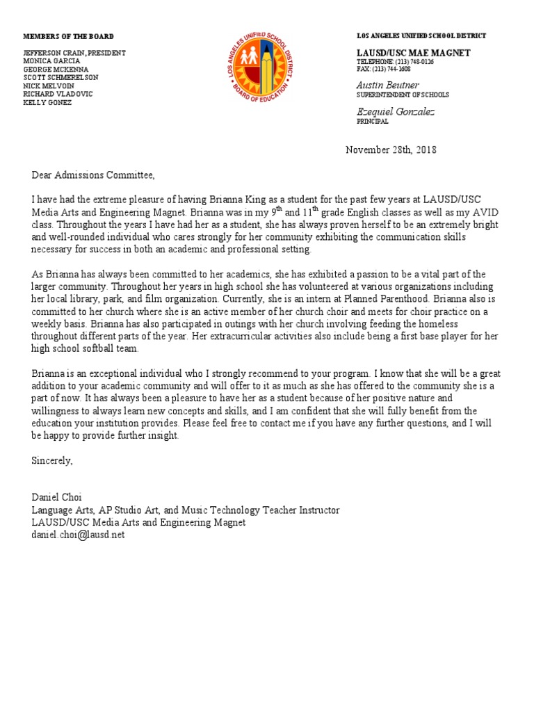 USC Recommendation for Brianna King | PDF | Behavior Modification ...