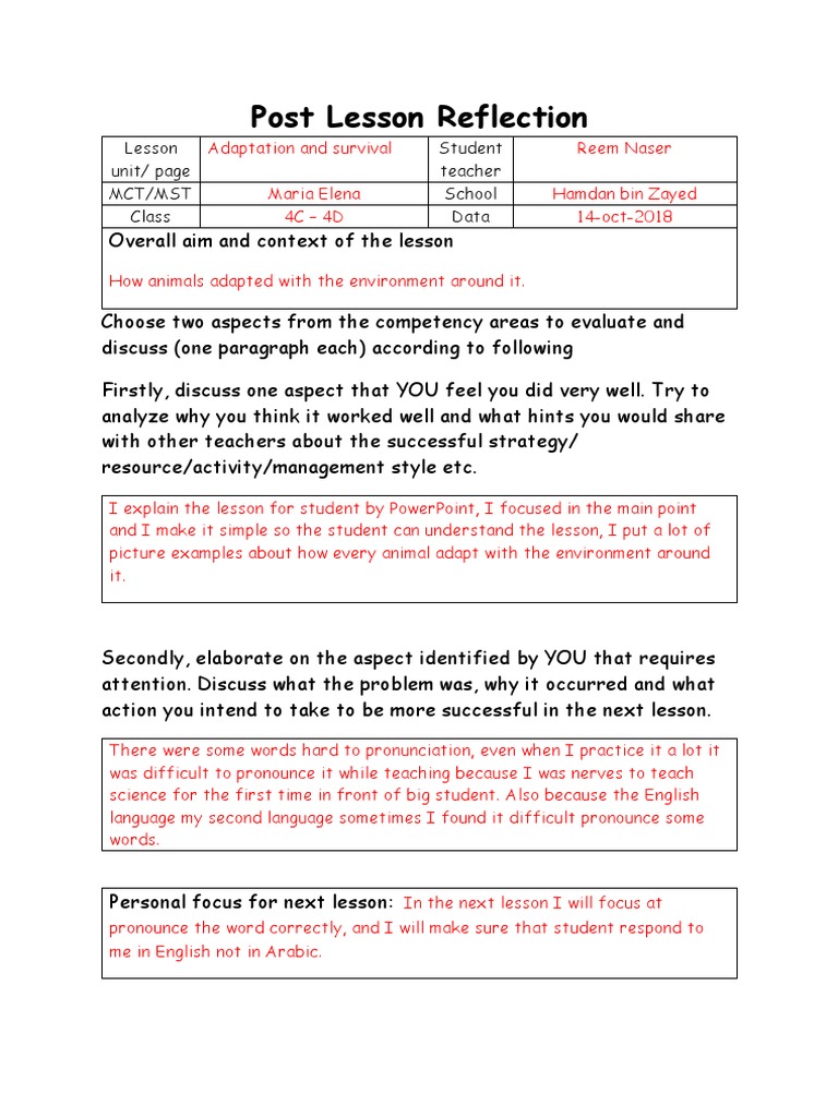 Post Lesson Reflection on Adaptation | PDF | Career & Growth | Science ...