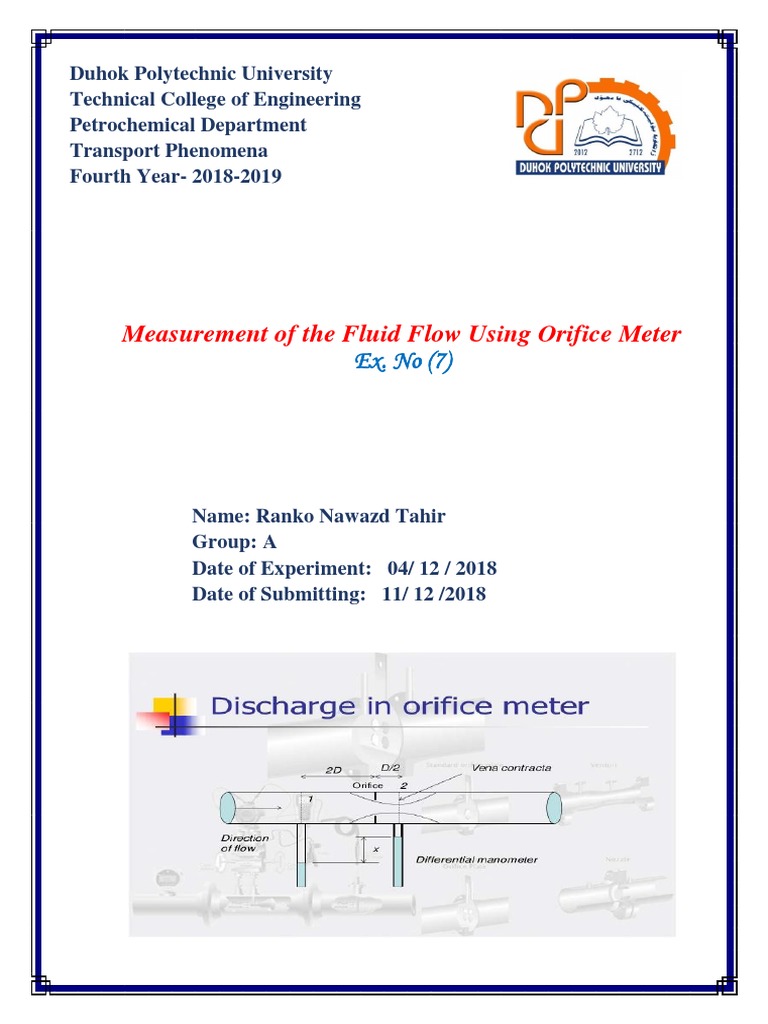 Measurement of The Fluid Flow Using Orifice Meter: Ex. No | PDF