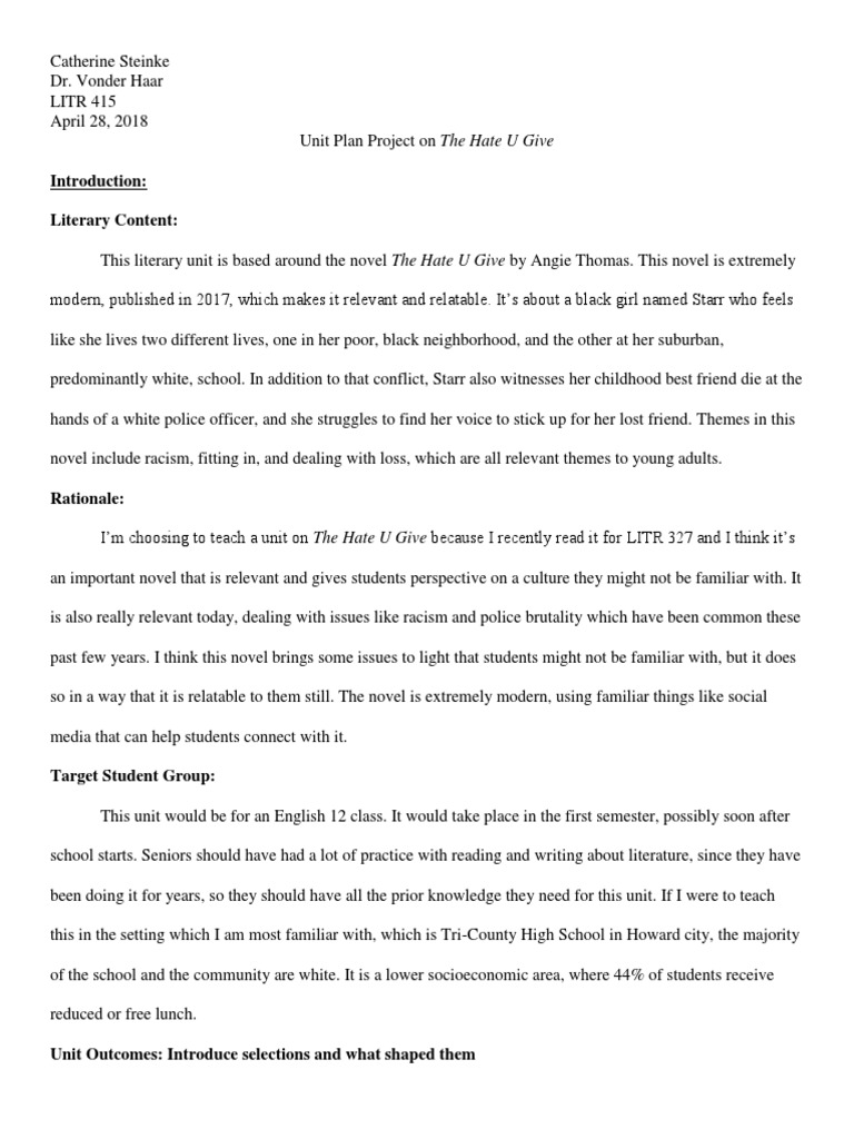 Unit Plan for Teaching The Hate U Give | PDF | Educational Assessment ...
