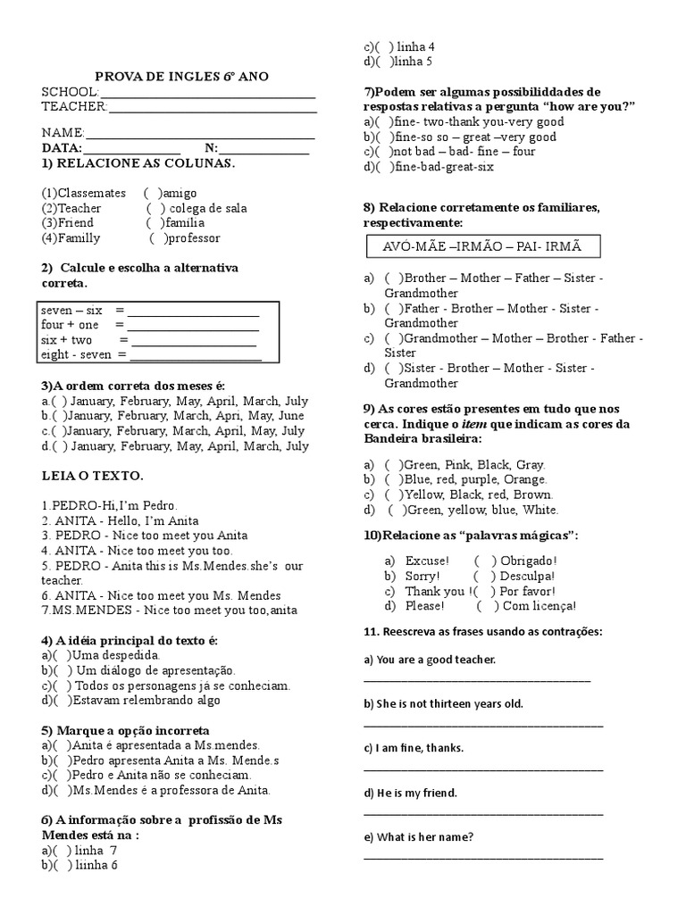Prova de Ingles 6 Ano 4 Bimestre | PDF | Family | Society