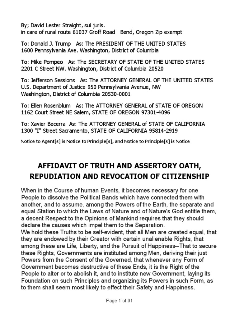 Affidavit Repudiation To Dept of State PDF U S State Policy