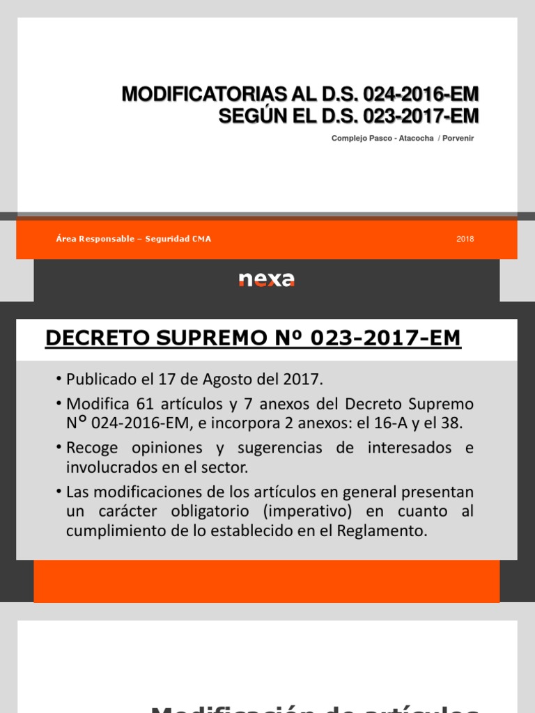 D.S. 024 2016 E.M y Su Modificatoria D.S. 023 2017 E.M PDF Minería Material explosivo