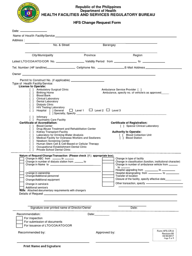 DOH Clinical Laboratory Change Request Form | PDF | Medical Laboratory ...