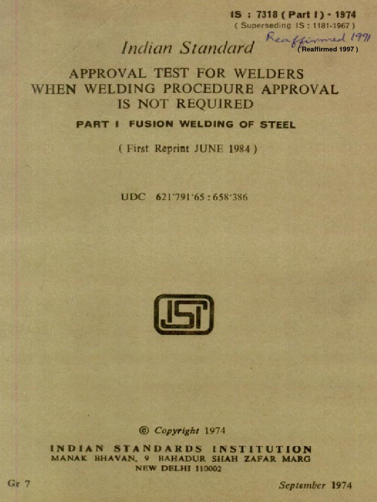 Approval Tests for Welders - IS 7318 | PDF | Welding | Construction