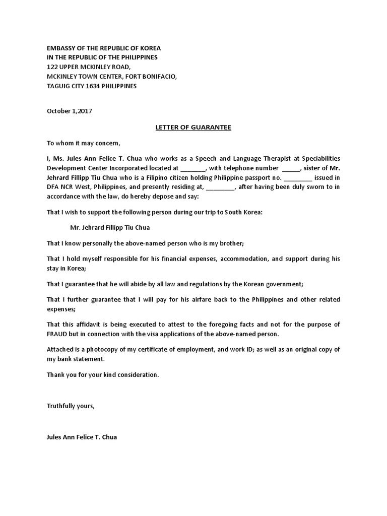 Letter of Guarantee Korea PDF Nationality Law International Law