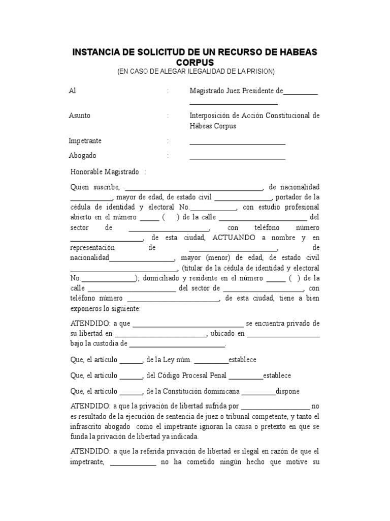 01 - Instancia de Solicitud de Un Recurso de Habeas Corpus | PDF ...