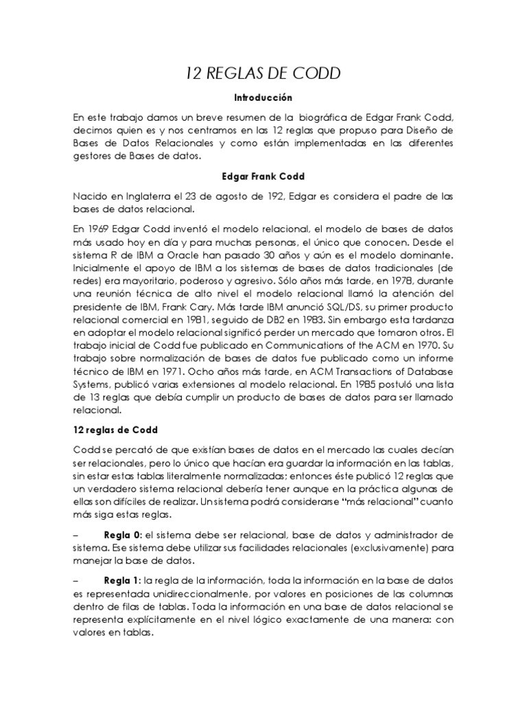 12 Reglas de Codd - Internet | PDF | Modelo relacional | Bases de datos