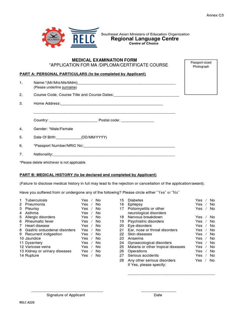 Annex C3 Medical Examination Form For All Courses | PDF | Rtt ...