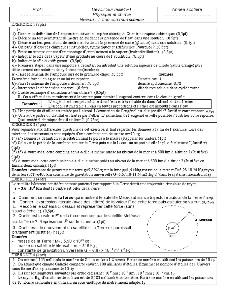 Devoir de Physique-Chimie Tronc Commun | PDF | Poids | Masse