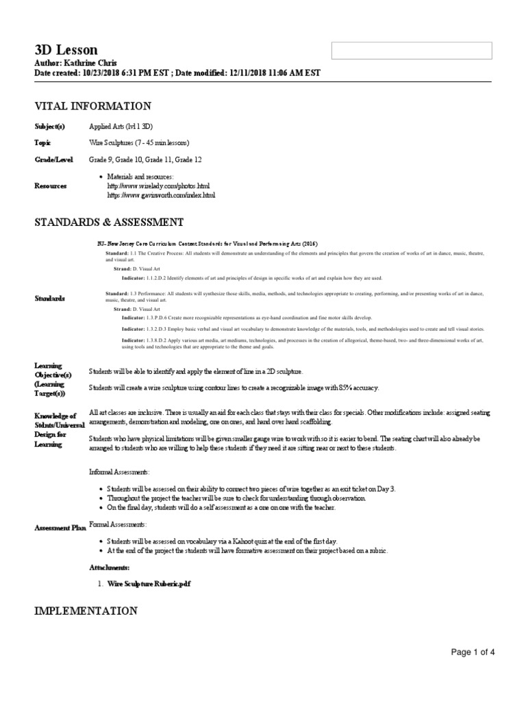 Wire Sculpture Lesson Plan PDF Teachers Drawing