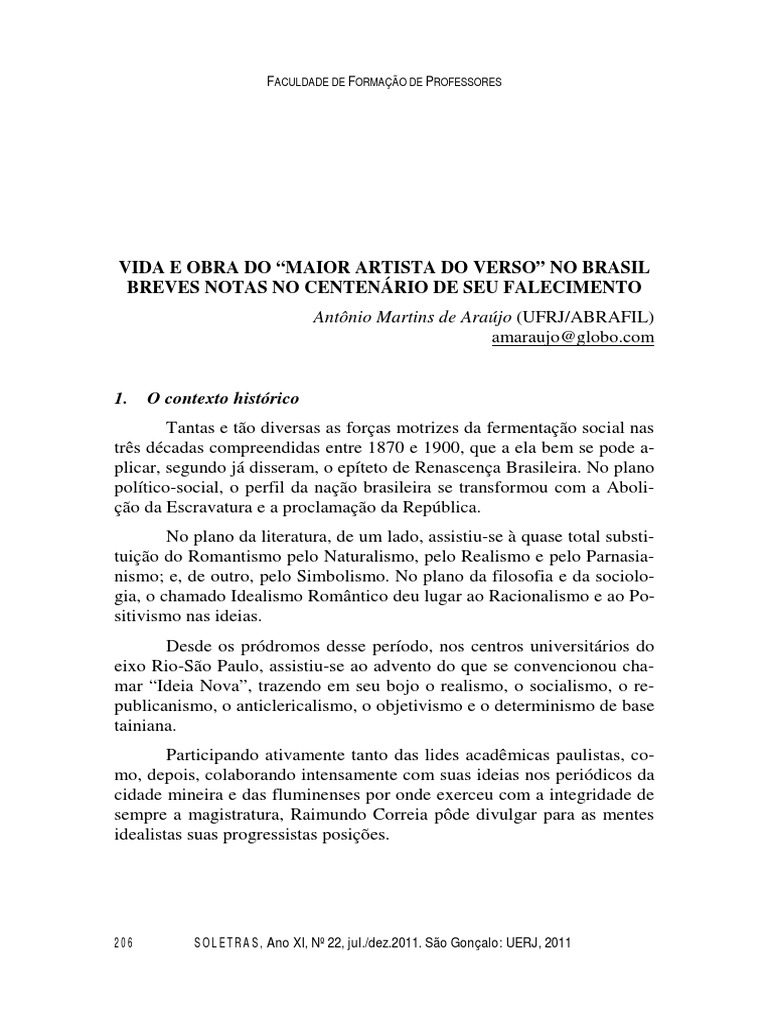 Vida e Obra de Raimundo Correia | PDF | Sonetos | Contos